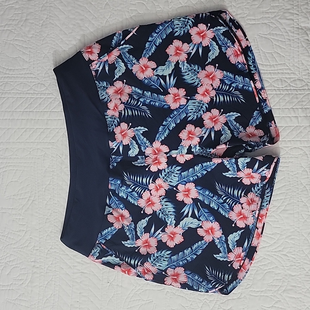 Pudolla Womans Navy Blue & Pink Tropical Athletic/Swim Shorts Size XL